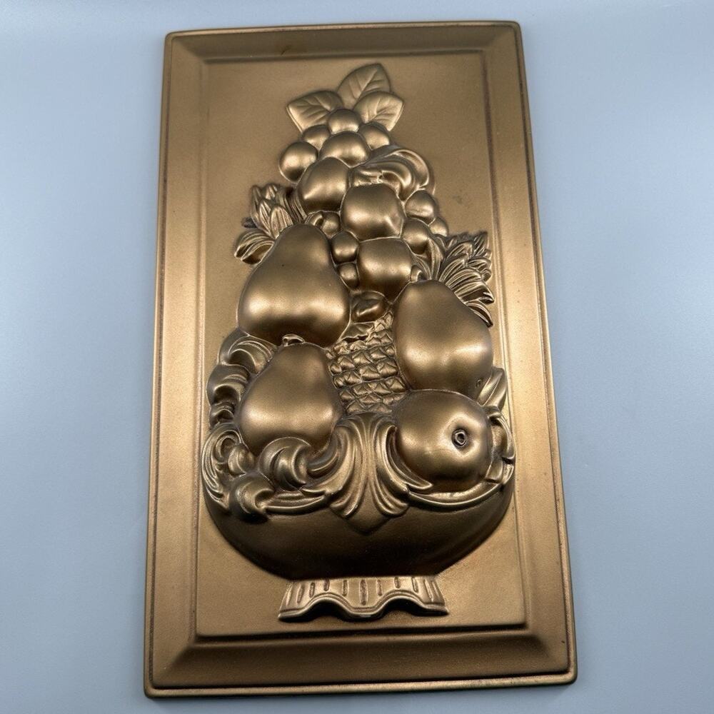 Vintage Holland Mold Chalkware Fruit Basket Wall Plaque Gold 3D Relief HomeDecor